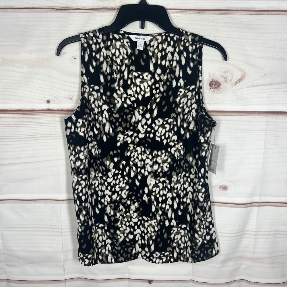 Nine West Sleeveless Blouse Womens Small Black Abstract Print V-Neck Shell Top